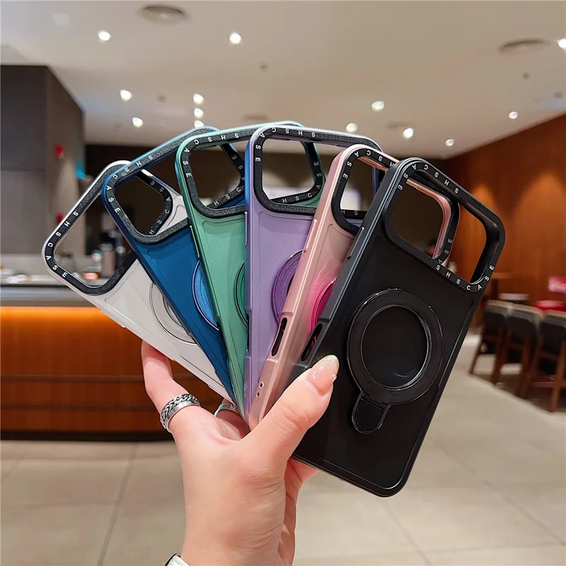 For iPhone 17 Pro Magnetic Case Kickstand Black Lens Frame Metal Paint Finish PC TPU Phone Back Cover - Rose Gold