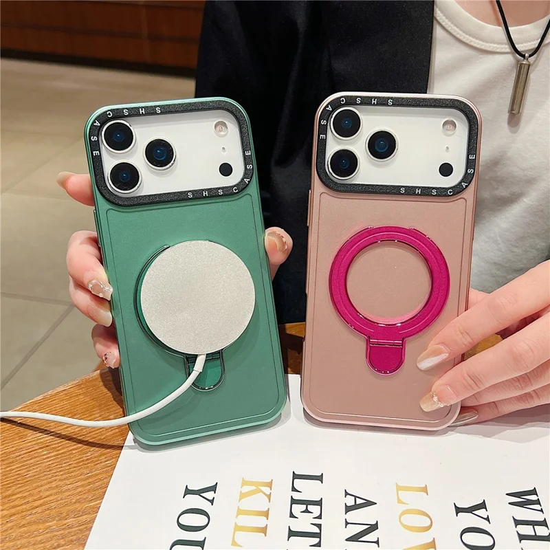 For iPhone 17 Pro Max Magnetic Case Kickstand Black Lens Frame Metal Paint Finish PC TPU Phone Back Cover - Rose Gold