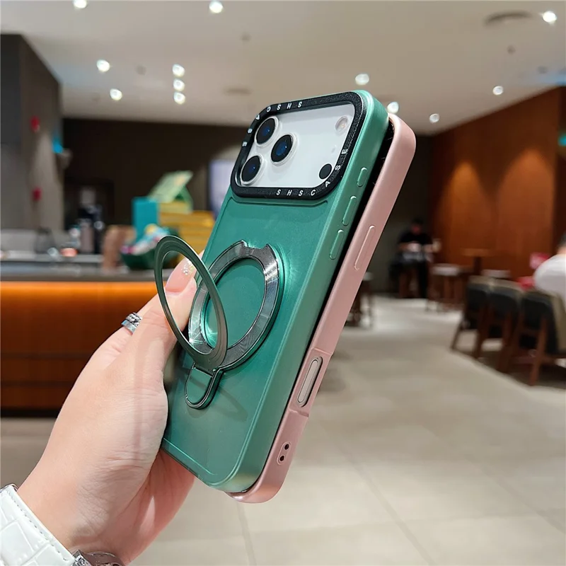 For iPhone 17 Pro Max Magnetic Case Kickstand Black Lens Frame Metal Paint Finish PC TPU Phone Back Cover - Rose Gold