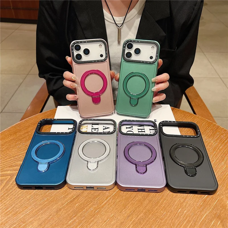 For iPhone 17 Pro Max Magnetic Case Kickstand Black Lens Frame Metal Paint Finish PC TPU Phone Back Cover - Rose Gold