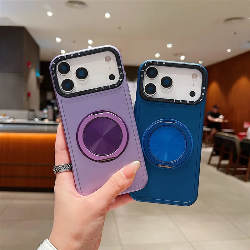 For iPhone 17 Pro Magnetic Case Rotating Kickstand Black Lens Frame Metal Paint Finish PC TPU Phone Cover - Rose Gold