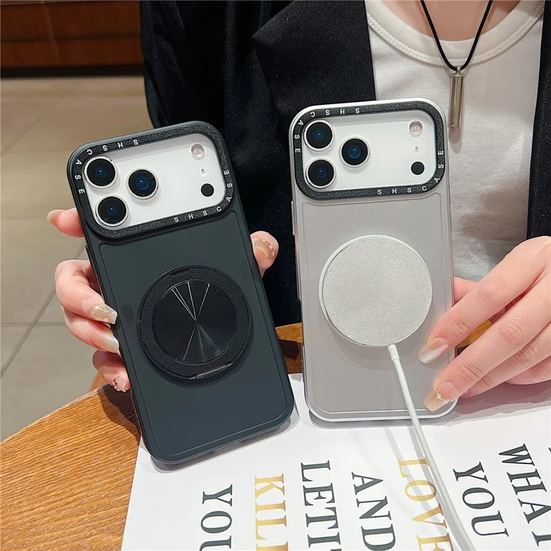 For iPhone 17 Pro Magnetic Case Rotating Kickstand Black Lens Frame Metal Paint Finish PC TPU Phone Cover - Rose Gold