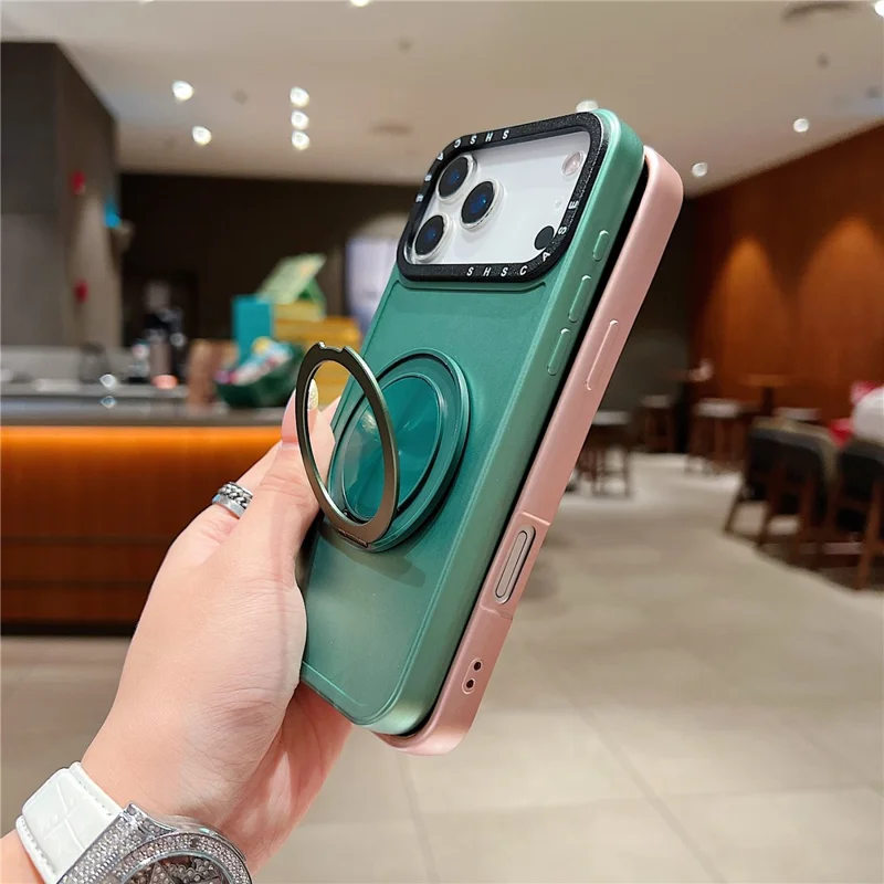 For iPhone 17 Pro Magnetic Case Rotating Kickstand Black Lens Frame Metal Paint Finish PC TPU Phone Cover - Rose Gold