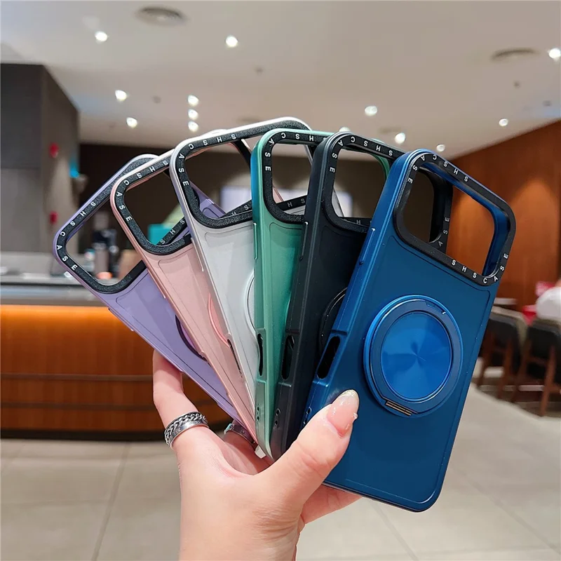 For iPhone 17 Pro Magnetic Case Rotating Kickstand Black Lens Frame Metal Paint Finish PC TPU Phone Cover - Rose Gold