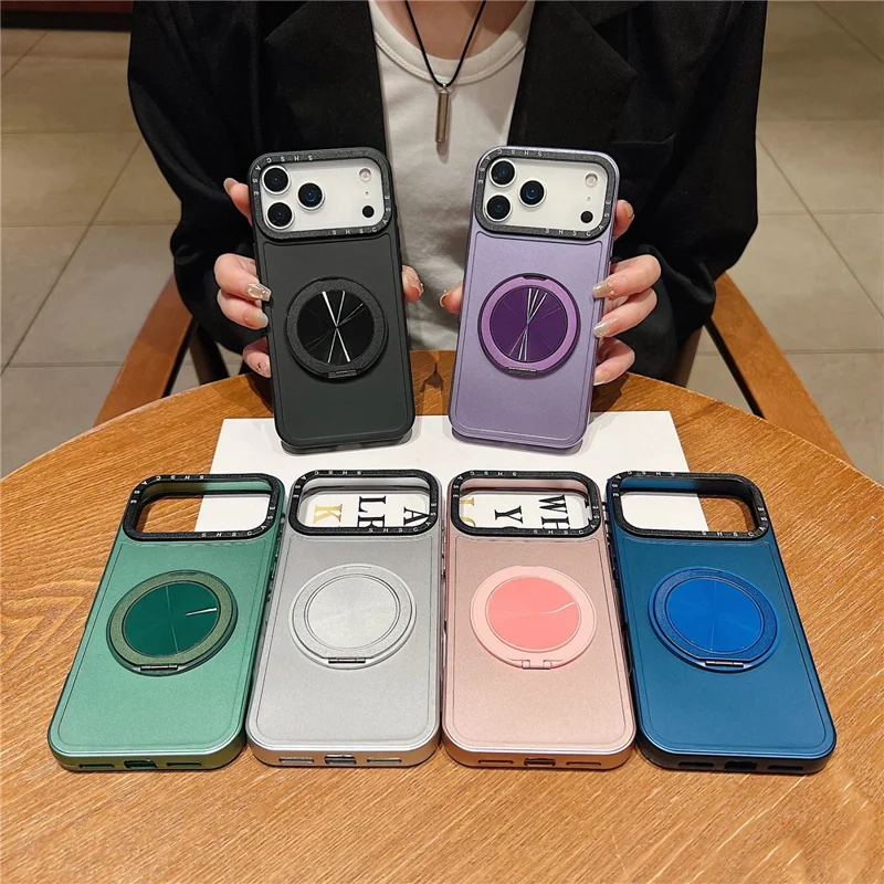 For iPhone 17 Pro Magnetic Case Rotating Kickstand Black Lens Frame Metal Paint Finish PC TPU Phone Cover - Rose Gold