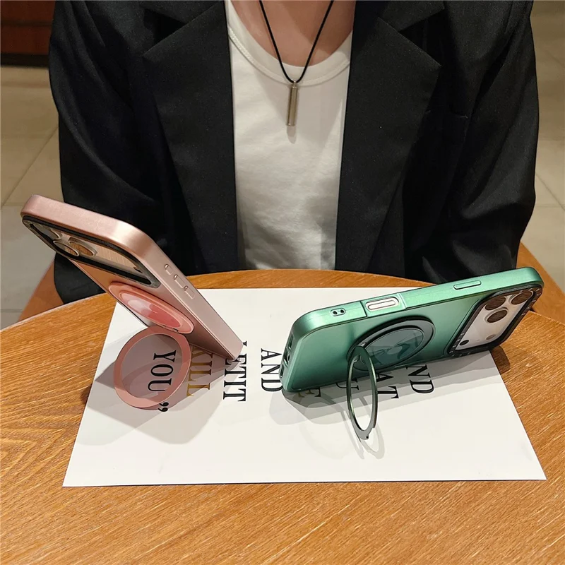 For iPhone 17 Pro Max Magnetic Case Rotating Kickstand Black Lens Frame Metal Paint Finish PC TPU Phone Cover - Rose Gold