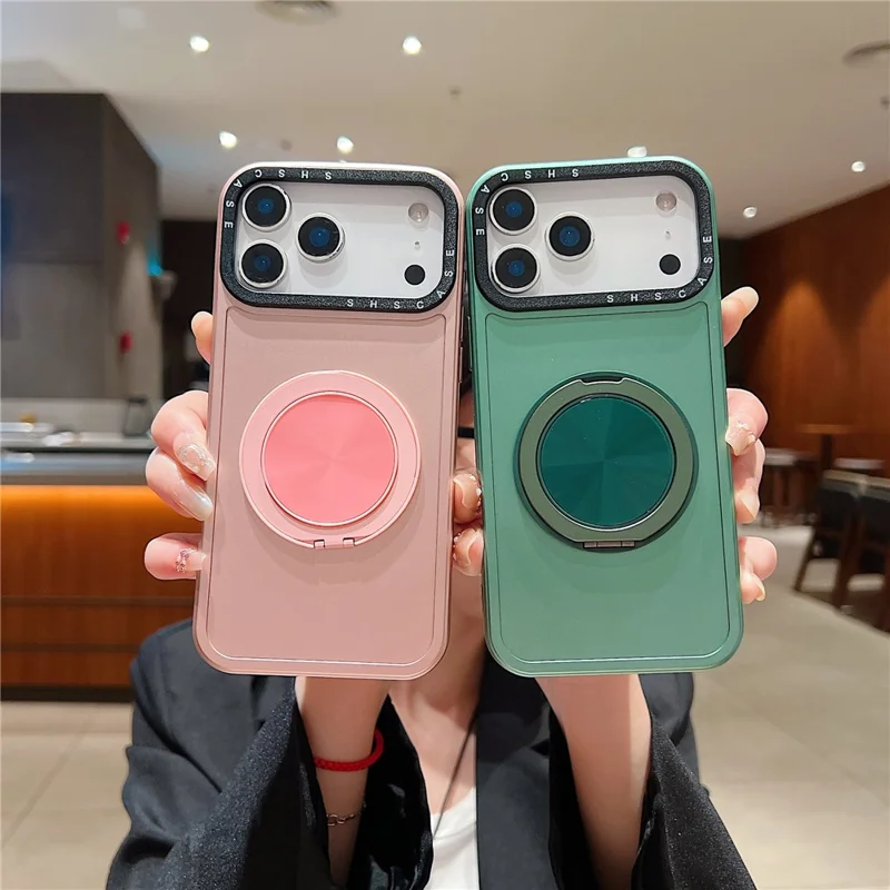 For iPhone 17 Pro Max Magnetic Case Rotating Kickstand Black Lens Frame Metal Paint Finish PC TPU Phone Cover - Rose Gold