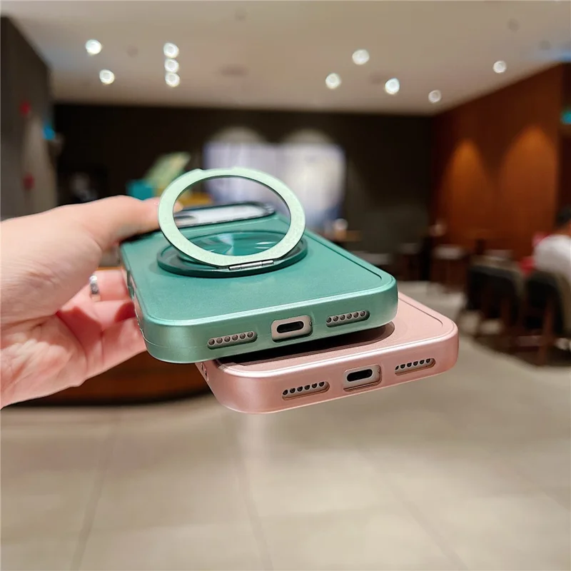 For iPhone 17 Pro Max Magnetic Case Rotating Kickstand Black Lens Frame Metal Paint Finish PC TPU Phone Cover - Rose Gold