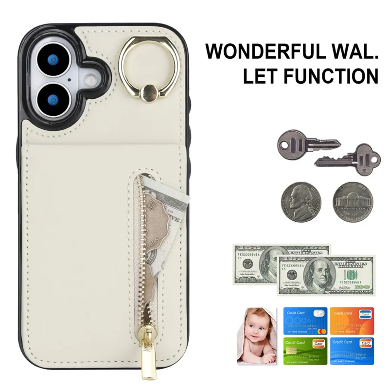 iPhone 17 Hülle Reißverschluss RFID-Blockierung Retro-Leder + TPU Handyhülle mit Ständer - Weiß