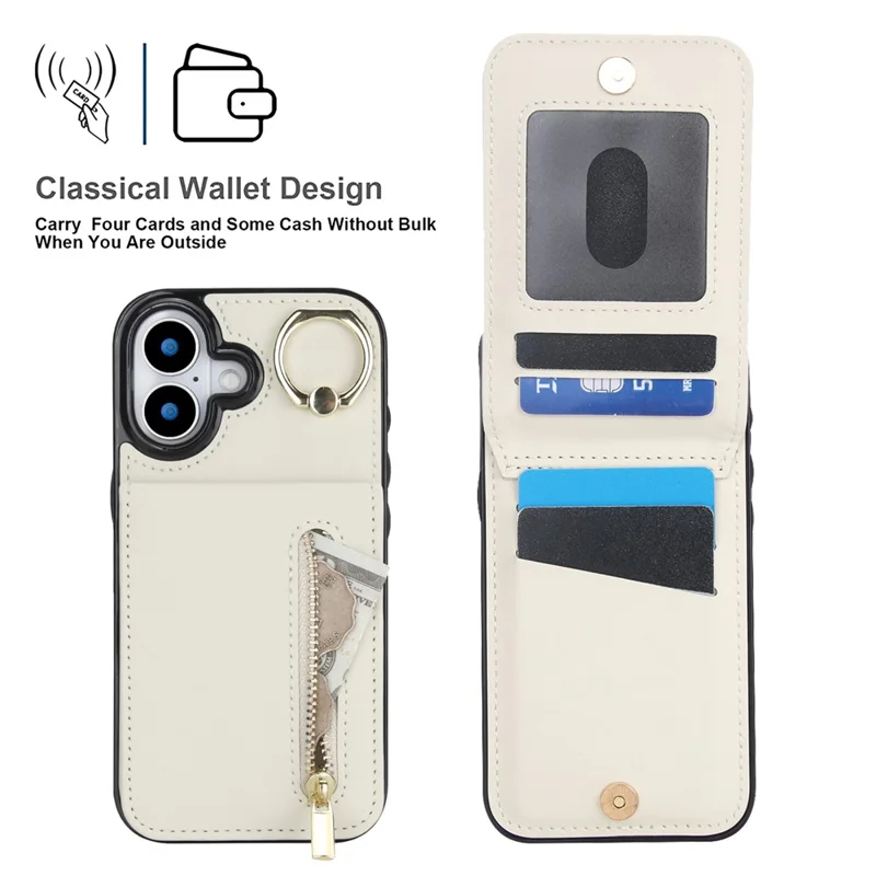 iPhone 17 Hülle Reißverschluss RFID-Blockierung Retro-Leder + TPU Handyhülle mit Ständer - Weiß