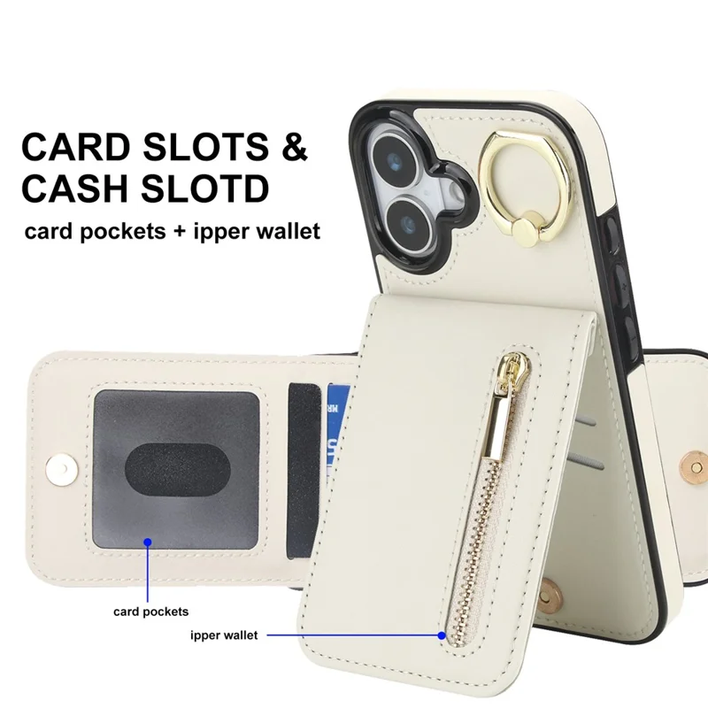 iPhone 17 Hülle Reißverschluss RFID-Blockierung Retro-Leder + TPU Handyhülle mit Ständer - Weiß