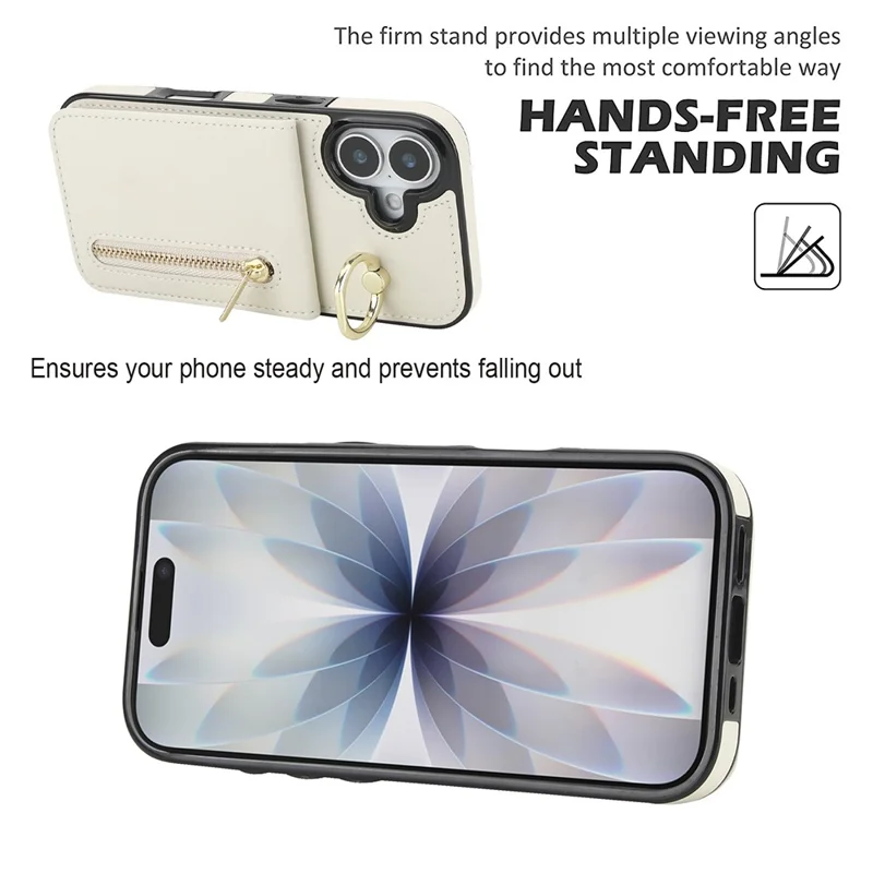 iPhone 17 Hülle Reißverschluss RFID-Blockierung Retro-Leder + TPU Handyhülle mit Ständer - Weiß