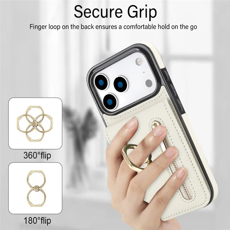 Custodia iPhone 17 Pro Cerniera RFID Blocking Pelle Vintage + Custodia Telefonica TPU con Supporto - Bianco