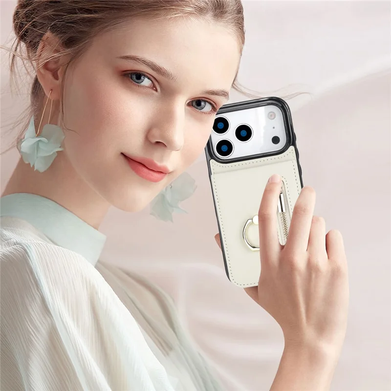 Custodia iPhone 17 Pro Cerniera RFID Blocking Pelle Vintage + Custodia Telefonica TPU con Supporto - Bianco