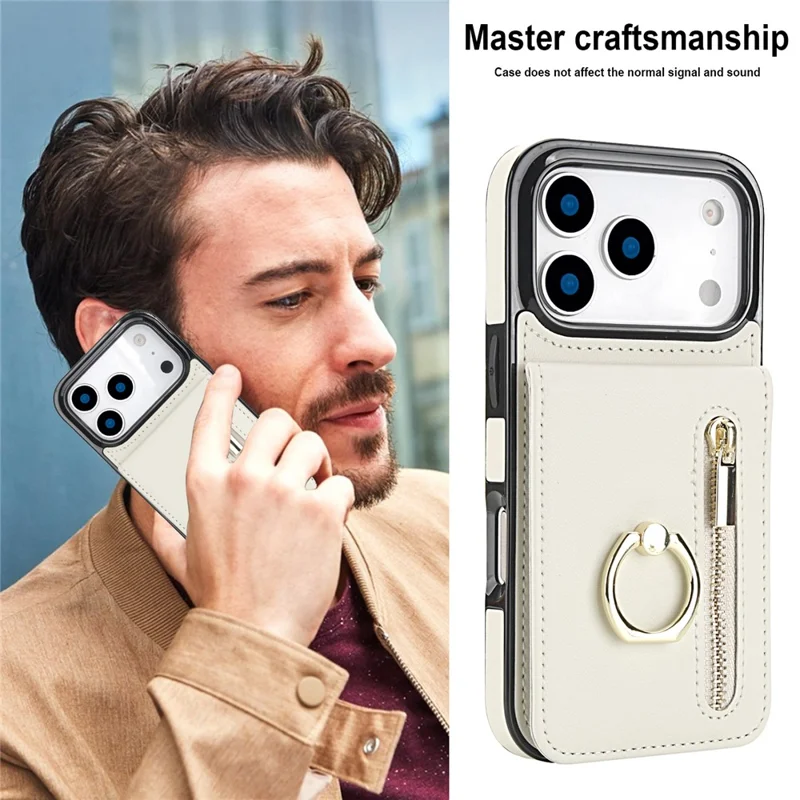 Custodia iPhone 17 Pro Cerniera RFID Blocking Pelle Vintage + Custodia Telefonica TPU con Supporto - Bianco
