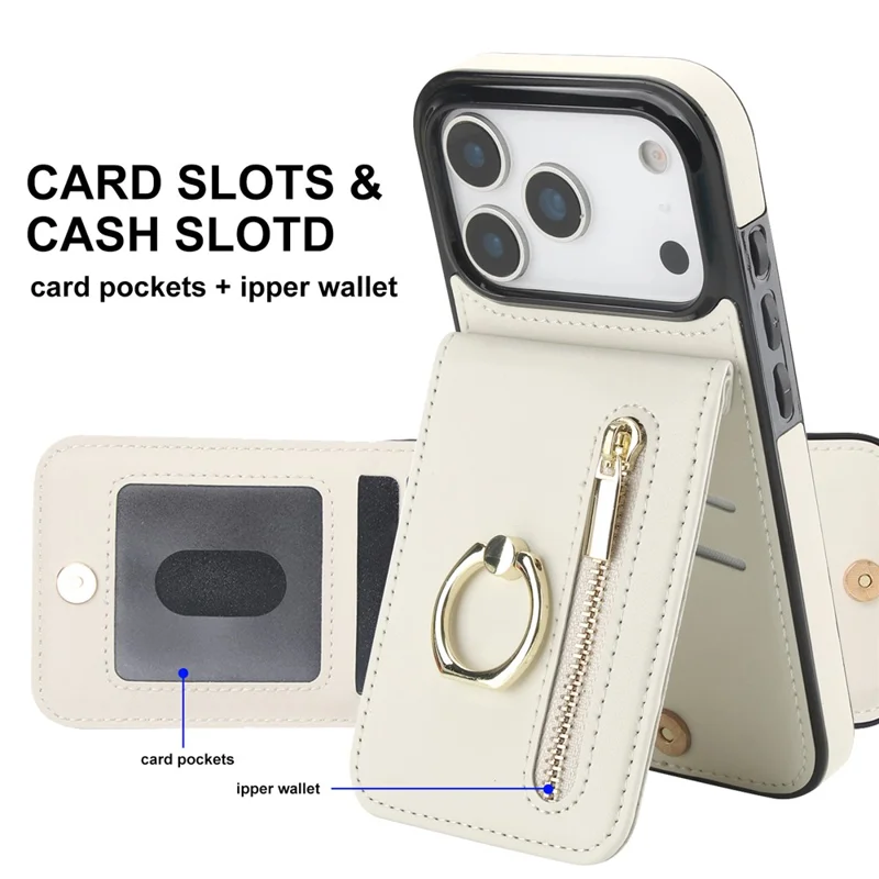 Custodia per iPhone 17 Pro Max Cerniera RFID Blocking Pelle Retrò + Custodia per Telefono TPU con Supporto - Bianco