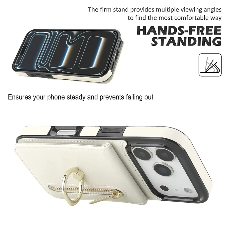 Custodia per iPhone 17 Pro Max Cerniera RFID Blocking Pelle Retrò + Custodia per Telefono TPU con Supporto - Bianco