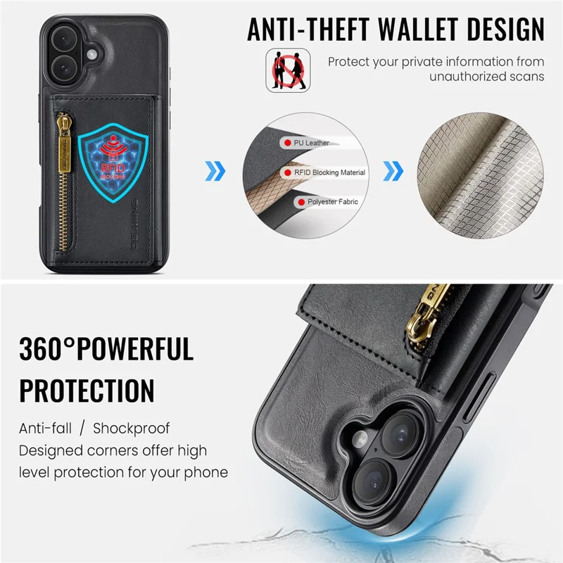 DG.MING M5 Serie für iPhone 17 Hülle Abnehmbare magnetische Lederhülle mit Kartenfächern - Schwarz