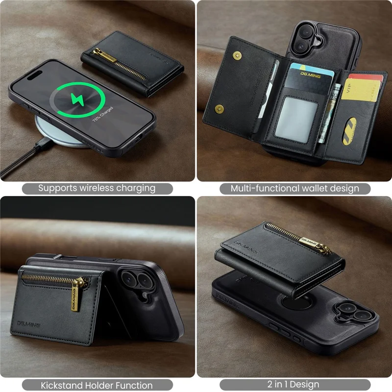 DG.MING M5 Serie für iPhone 17 Hülle Abnehmbare magnetische Lederhülle mit Kartenfächern - Schwarz