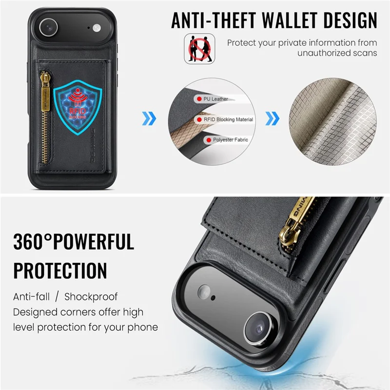 DG.MING M5 Series For iPhone Air Case Detachable Magnetic Leather Phone Cover with Card Slots - Black
