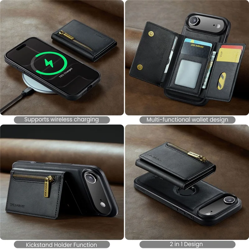 DG.MING M5 Series For iPhone Air Case Detachable Magnetic Leather Phone Cover with Card Slots - Black