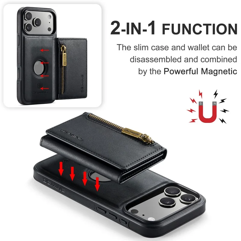 DG.MING M5 Serie für iPhone 17 Pro Hülle Abnehmbare magnetische Leder-Handyhülle mit Kartenfächern - Schwarz