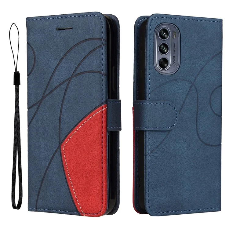 KT Leather Series-1 Für Motorola Moto G62 5G Zweifarbige Splitdesign PU-Leder Vollschutz Telefongeldbörse Ständer Smartphone-Cover mit Riemen - Blau