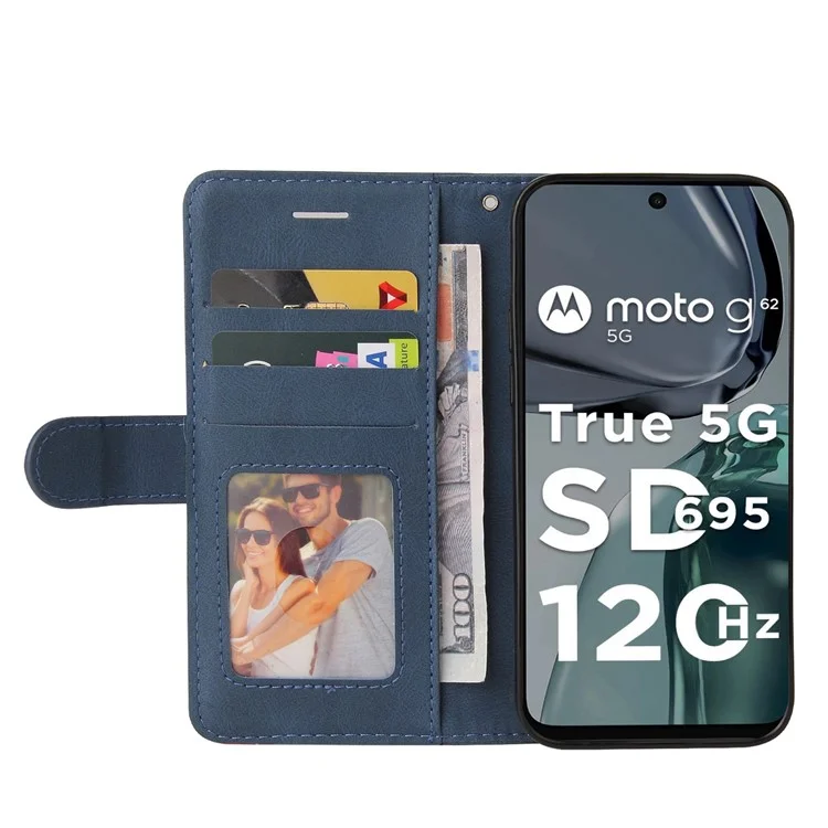 KT Leather Series-1 Für Motorola Moto G62 5G Zweifarbige Splitdesign PU-Leder Vollschutz Telefongeldbörse Ständer Smartphone-Cover mit Riemen - Blau