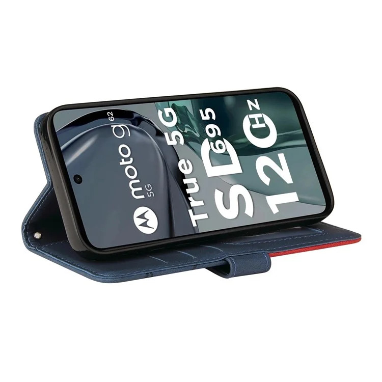 KT Leather Series-1 Für Motorola Moto G62 5G Zweifarbige Splitdesign PU-Leder Vollschutz Telefongeldbörse Ständer Smartphone-Cover mit Riemen - Blau