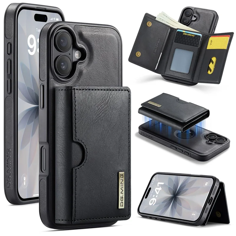 DG.MING M6 Series For iPhone 17 Case Magnetic Wallet PU + PC + TPU Phone Cover - Black