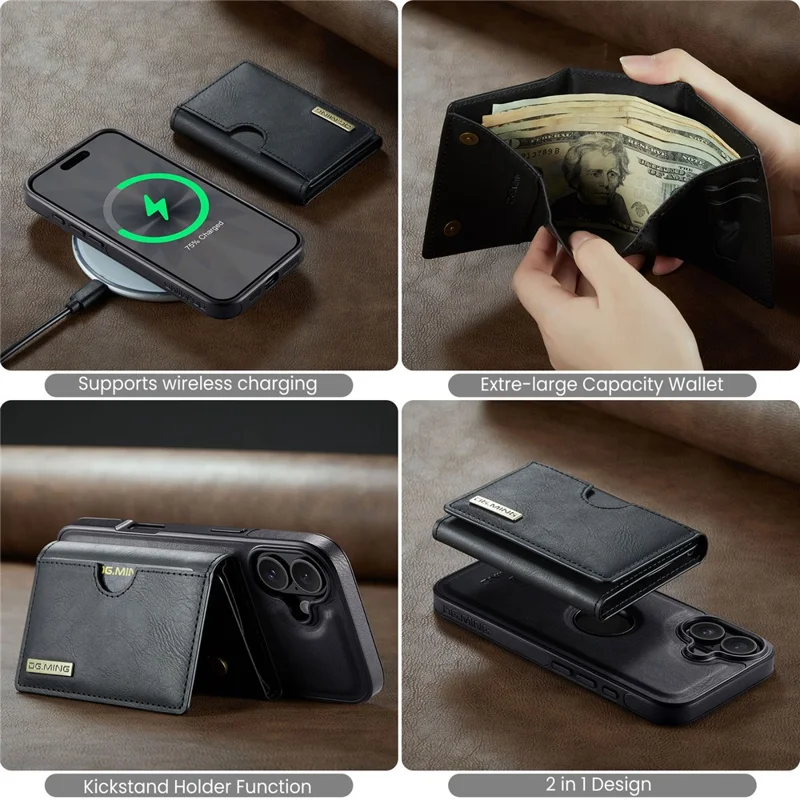 DG.MING M6 Series For iPhone 17 Case Magnetic Wallet PU + PC + TPU Phone Cover - Black