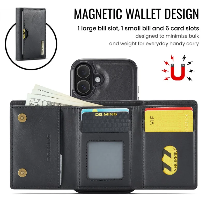 DG.MING M6 Series For iPhone 17 Case Magnetic Wallet PU + PC + TPU Phone Cover - Black