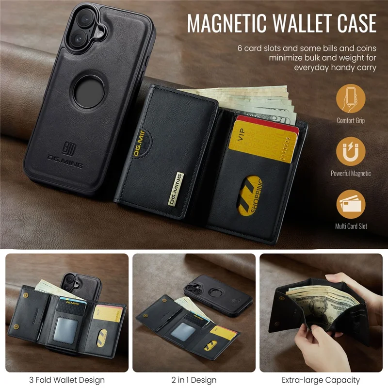 DG.MING M6 Series For iPhone 17 Case Magnetic Wallet PU + PC + TPU Phone Cover - Black