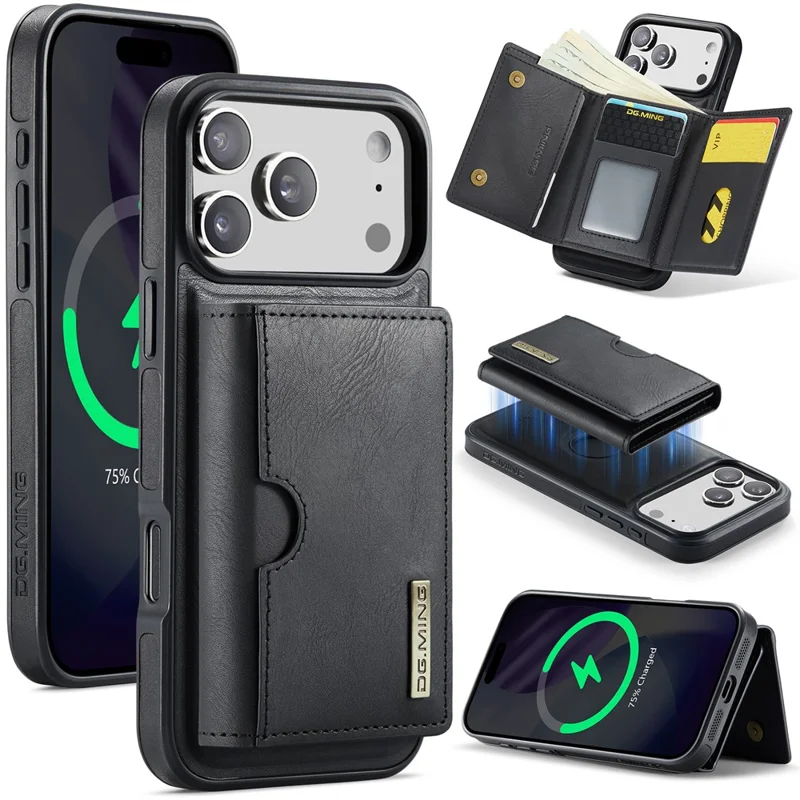 DG.MING M6 Series For iPhone 18 Pro / 17 Pro Case Magnetic Wallet PU + PC + TPU Phone Cover - Black