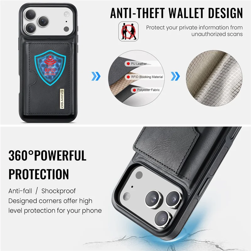 DG.MING M6 Series For iPhone 18 Pro / 17 Pro Case Magnetic Wallet PU + PC + TPU Phone Cover - Black