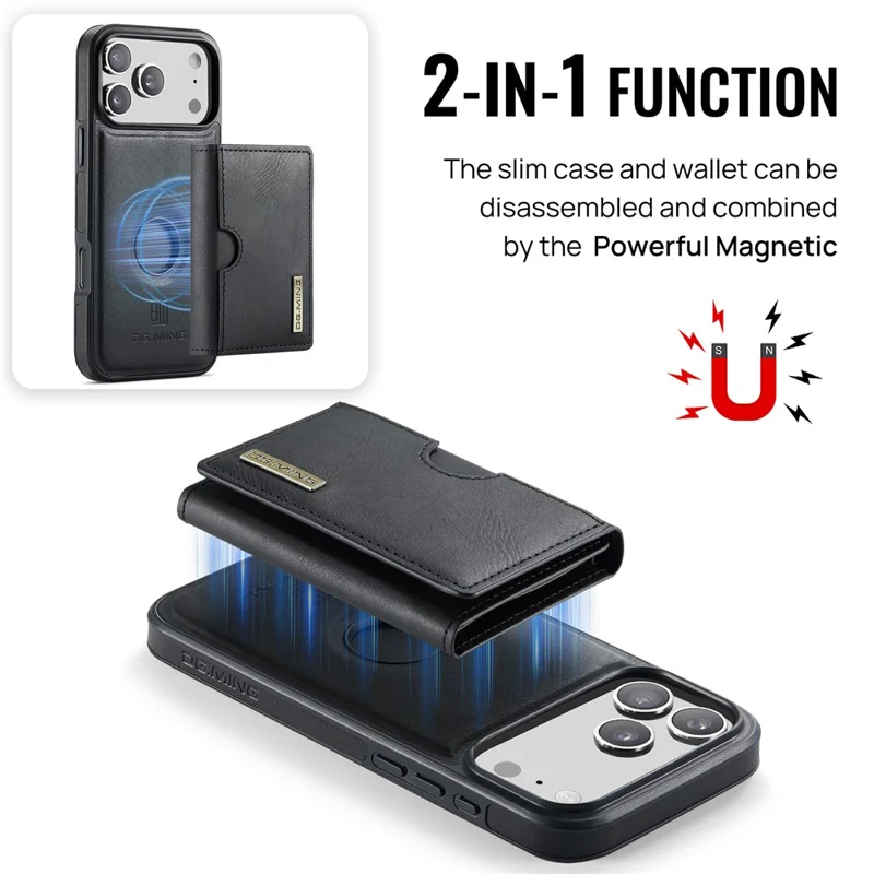 DG.MING M6 Series For iPhone 18 Pro / 17 Pro Case Magnetic Wallet PU + PC + TPU Phone Cover - Black