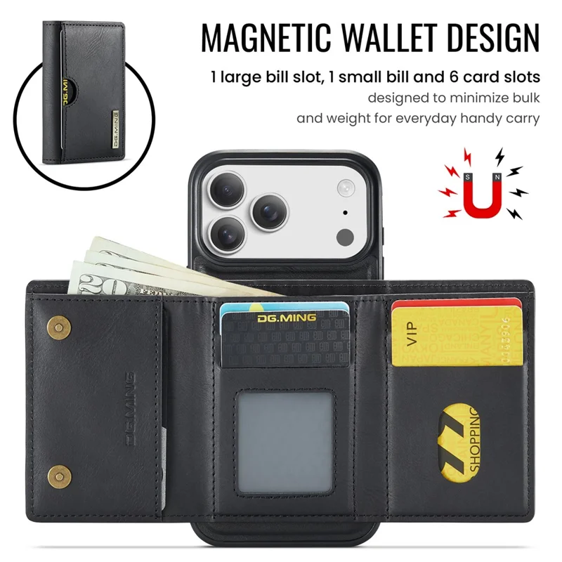 DG.MING M6 Series For iPhone 18 Pro / 17 Pro Case Magnetic Wallet PU + PC + TPU Phone Cover - Black