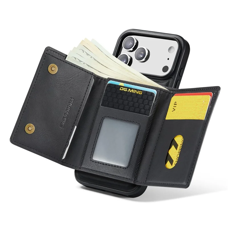 DG.MING M6 Series For iPhone 18 Pro / 17 Pro Case Magnetic Wallet PU + PC + TPU Phone Cover - Black