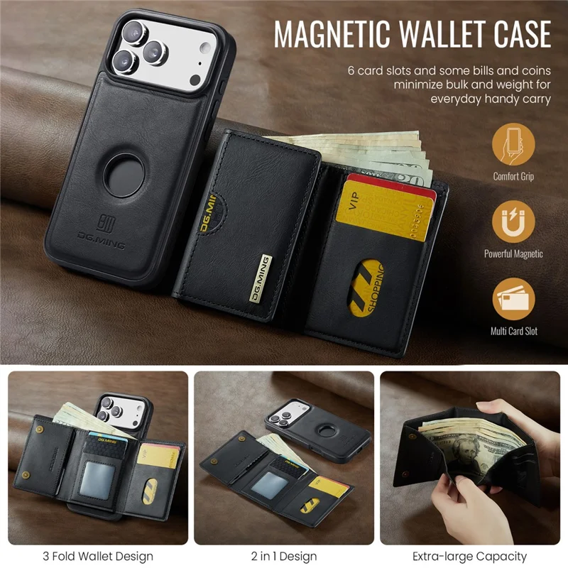 DG.MING M6 Series For iPhone 18 Pro / 17 Pro Case Magnetic Wallet PU + PC + TPU Phone Cover - Black