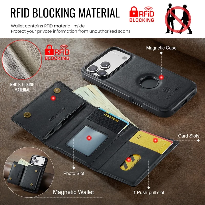 DG.MING M6 Series For iPhone 18 Pro / 17 Pro Case Magnetic Wallet PU + PC + TPU Phone Cover - Black