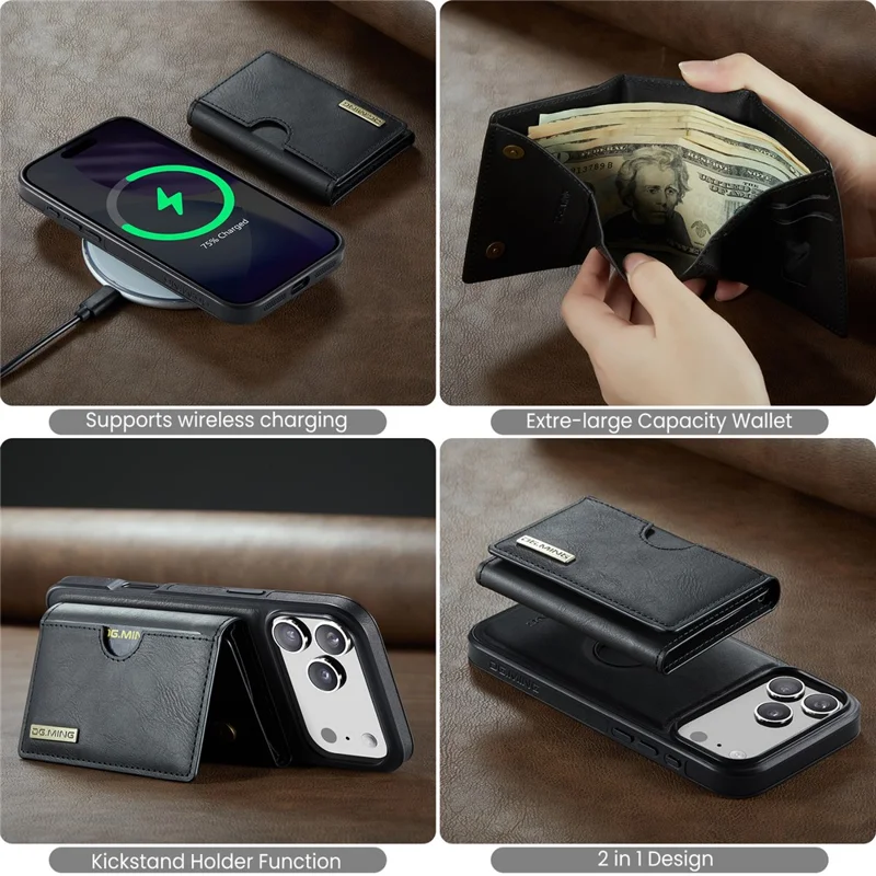 DG.MING Serie M6 per iPhone 17 Pro Max Cover Portafoglio Magnetico PU + PC + TPU Custodia Telefonica - Nero