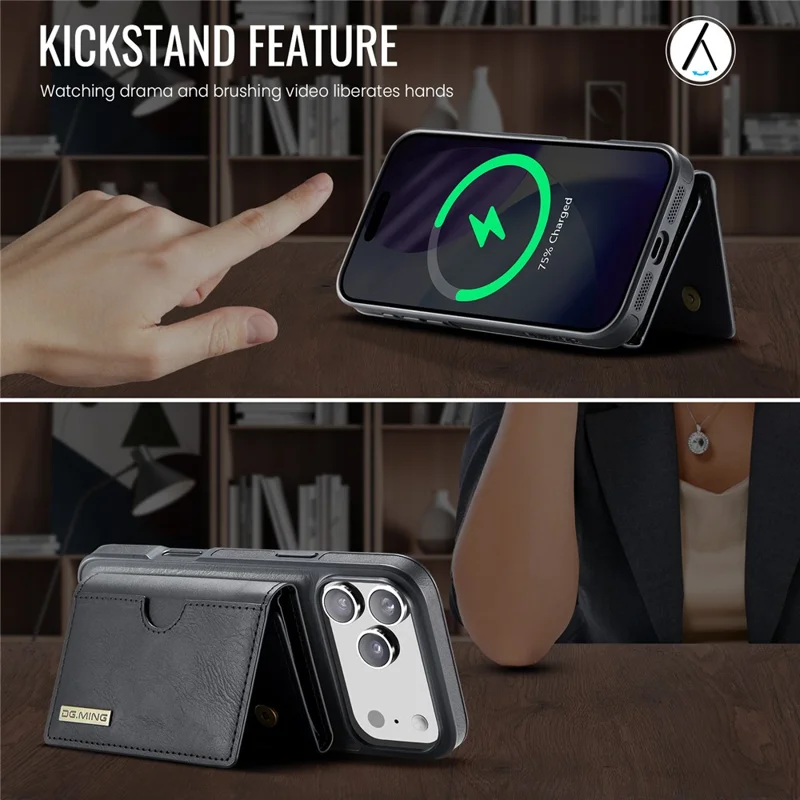 DG.MING Serie M6 per iPhone 17 Pro Max Cover Portafoglio Magnetico PU + PC + TPU Custodia Telefonica - Nero