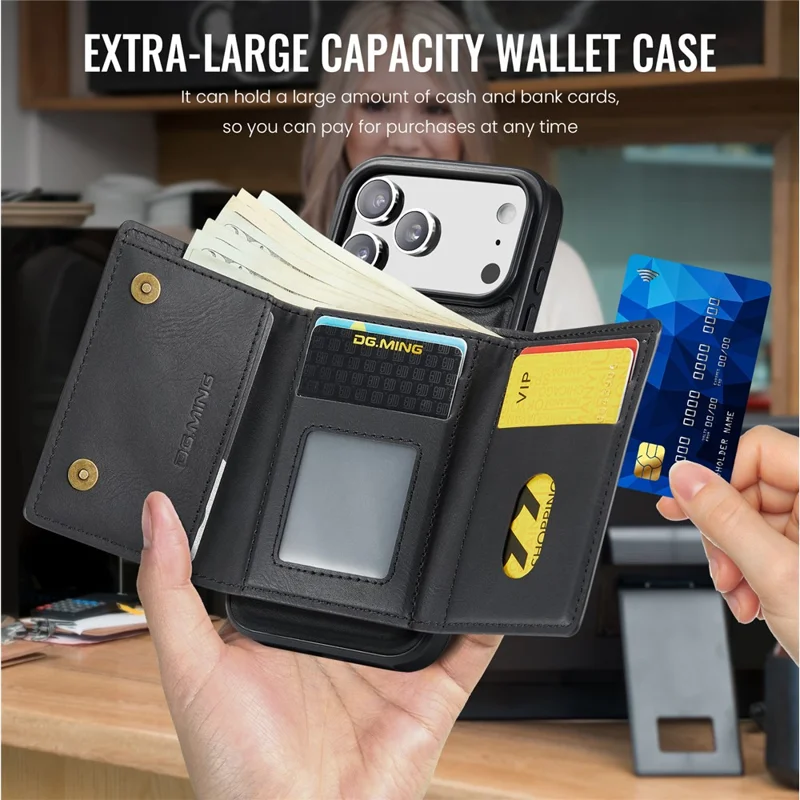DG.MING Serie M6 per iPhone 17 Pro Max Cover Portafoglio Magnetico PU + PC + TPU Custodia Telefonica - Nero