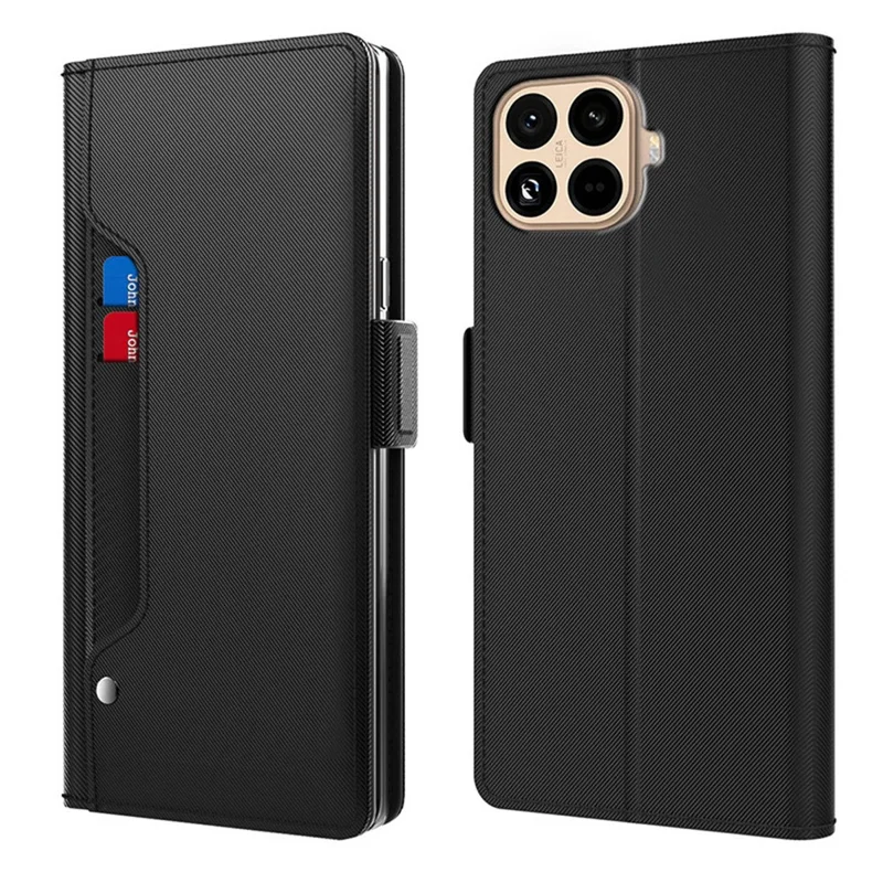 Чехол Xiaomi 15T Pro с подставкой, кожаный чехол для телефона, держатель для карт, зеркало - черный