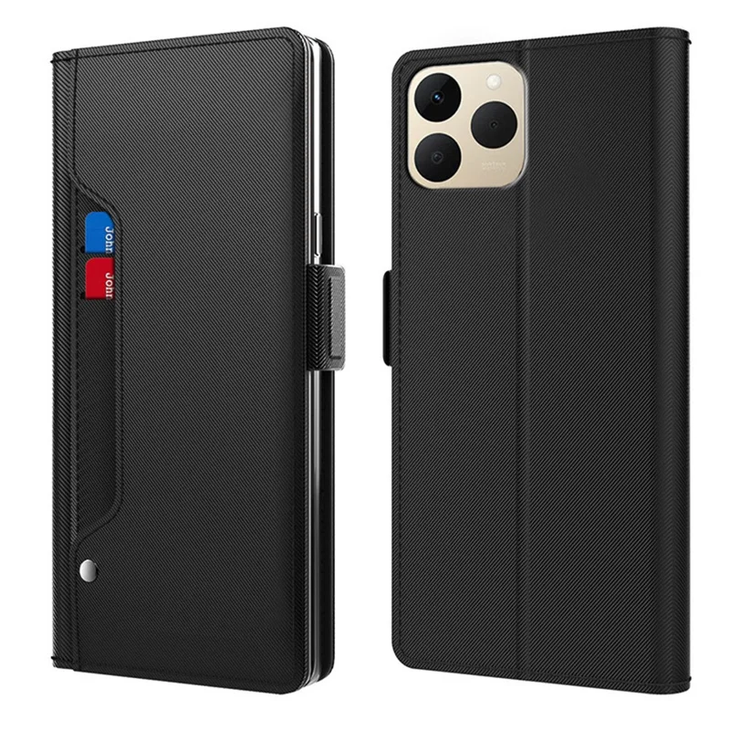 Realme 15T 5G Case Stand PU Leder Telefonhülle Kartenfach Spiegel - Schwarz