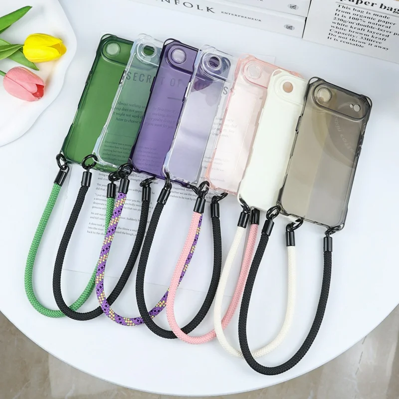 Achat en Vrac pour Étui iPhone Air Quatre Coins Anti-Chute TPU PC Housse de Protection avec Dragonne - Blanc / Bouton Blanc