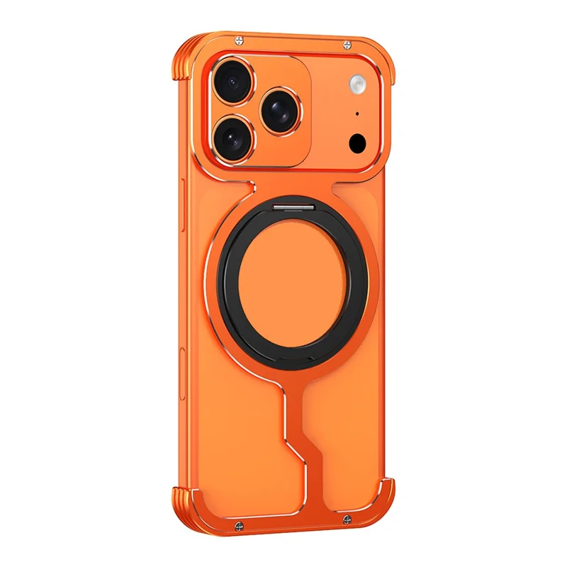 For iPhone 17 Pro Metal Case Rotating Kickstand Heat Dissipation Frameless Phone Bumper Cover with Lens Protector - Orange / Black