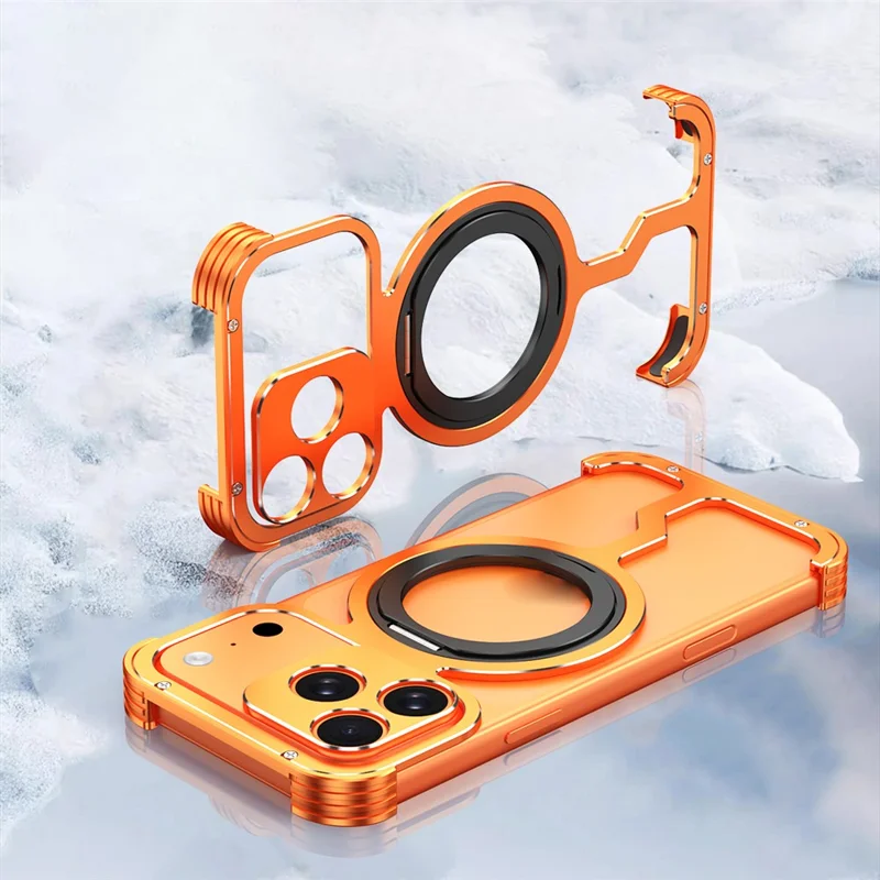 For iPhone 17 Pro Metal Case Rotating Kickstand Heat Dissipation Frameless Phone Bumper Cover with Lens Protector - Orange / Black