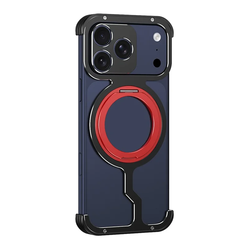 For iPhone 17 Pro Max Metal Case Rotating Kickstand Heat Dissipation Frameless Phone Bumper Cover with Lens Protector - Black / Red