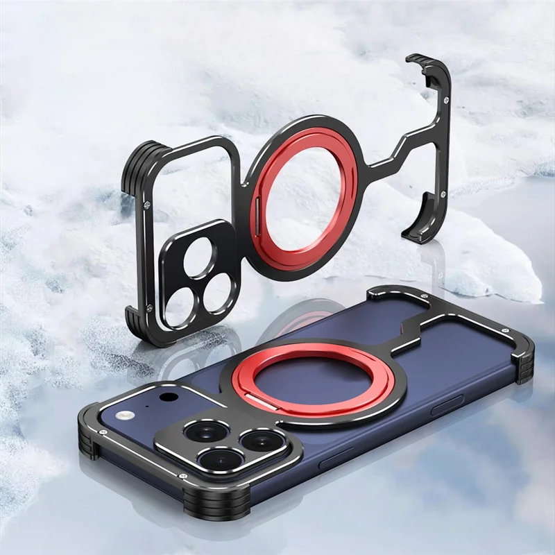 For iPhone 17 Pro Max Metal Case Rotating Kickstand Heat Dissipation Frameless Phone Bumper Cover with Lens Protector - Black / Red